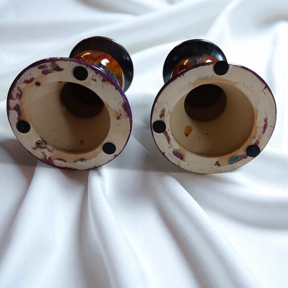 Vintage Set of Two Flambé Ceramic Candle Holders Pair Purple Blue Orange Pillars - Picture 6 of 10